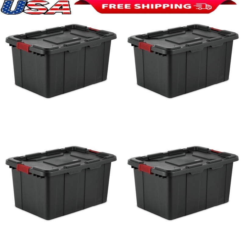 Heavy Duty 27 Gal Industrial Storage Tote Plastic Bin W/ Latch Lid 4 Count New