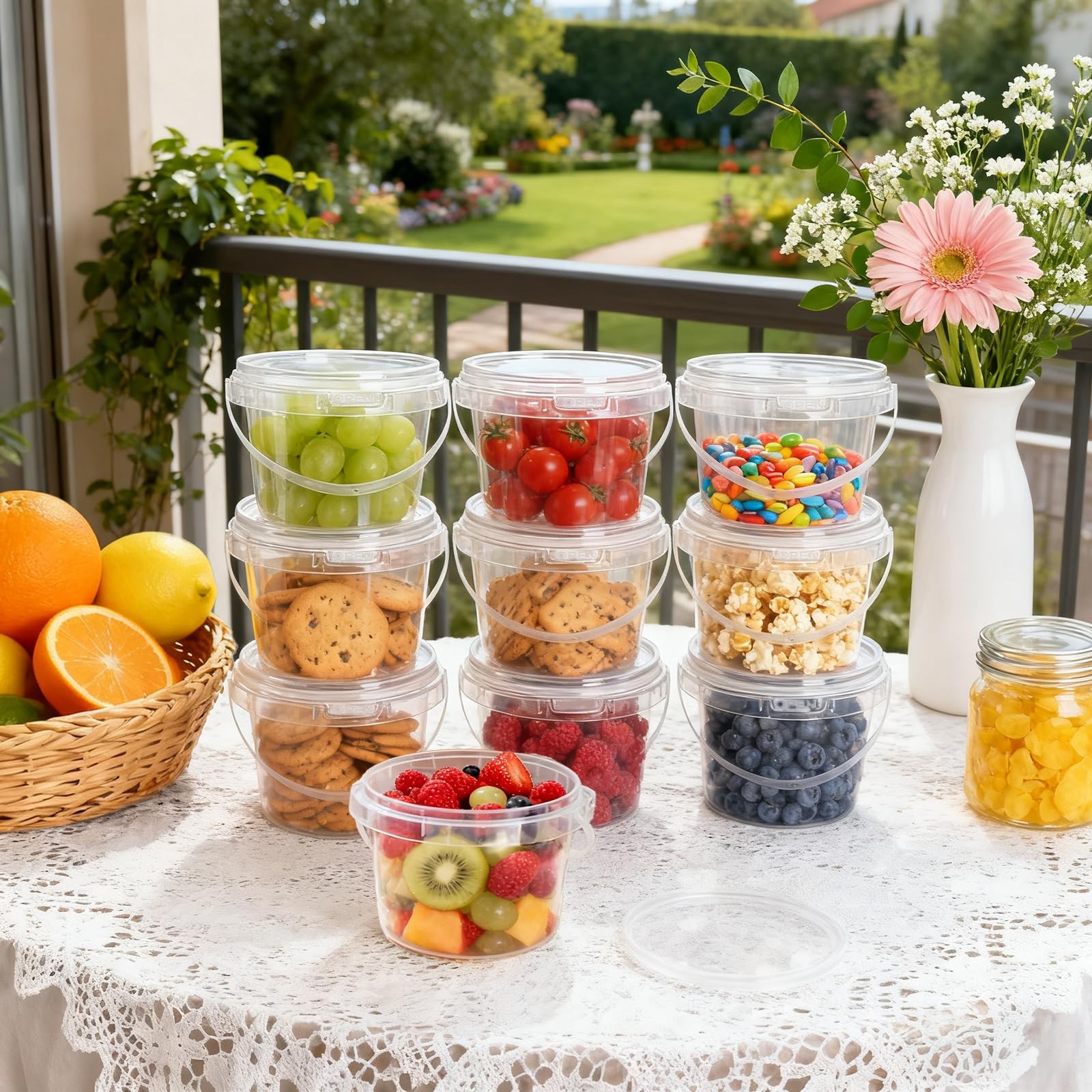 60 PCS Mini Plastic Buckets with Lids and Handles, 10 oz Containers Small Cle…