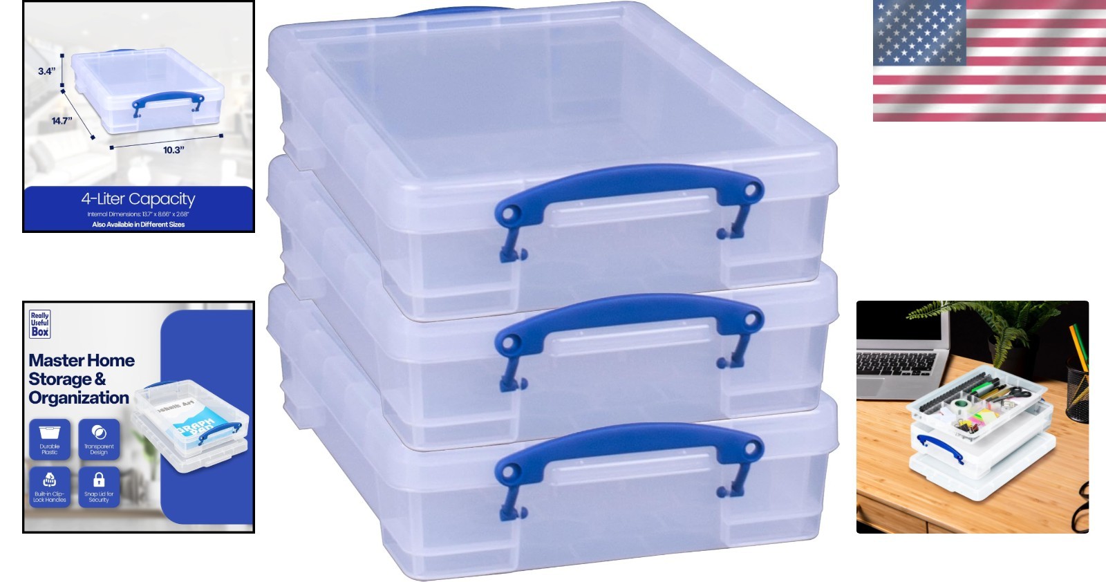 4-Liter Stackable Plastic Storage Containers – 3 Pack with Clip Lock Handles