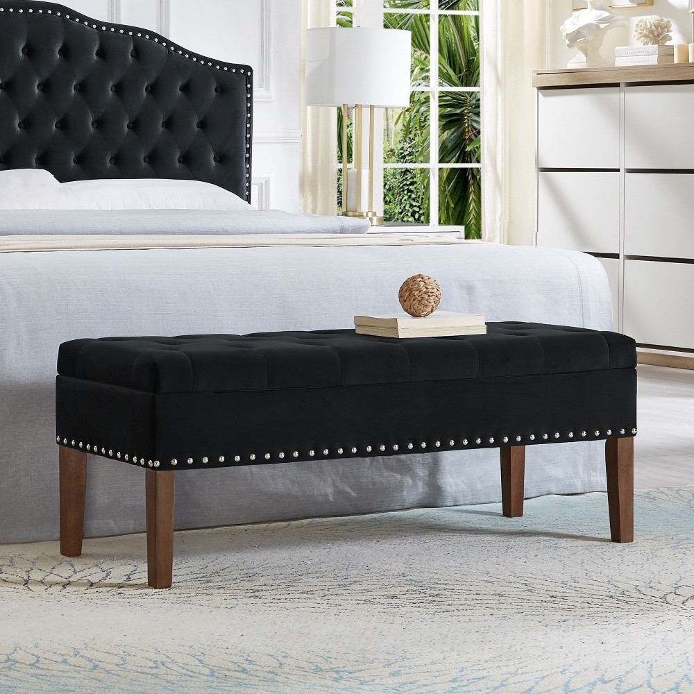 Bench with Storage Function Includes Storage Box Wooden Frame Safety Hinges