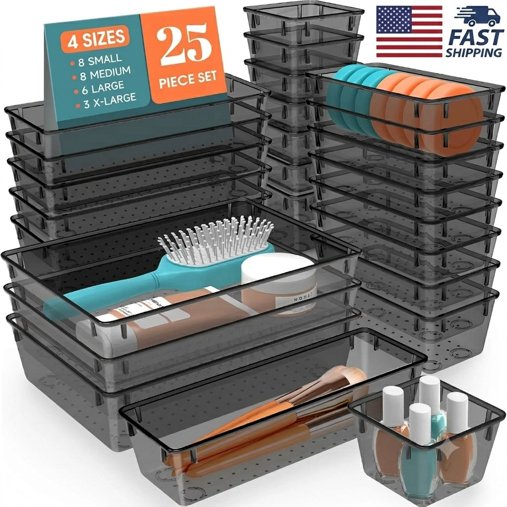 25PCS Drawer Organizer Tray Set Plastic Storage Bins Desk Kitchen Bathroom Black