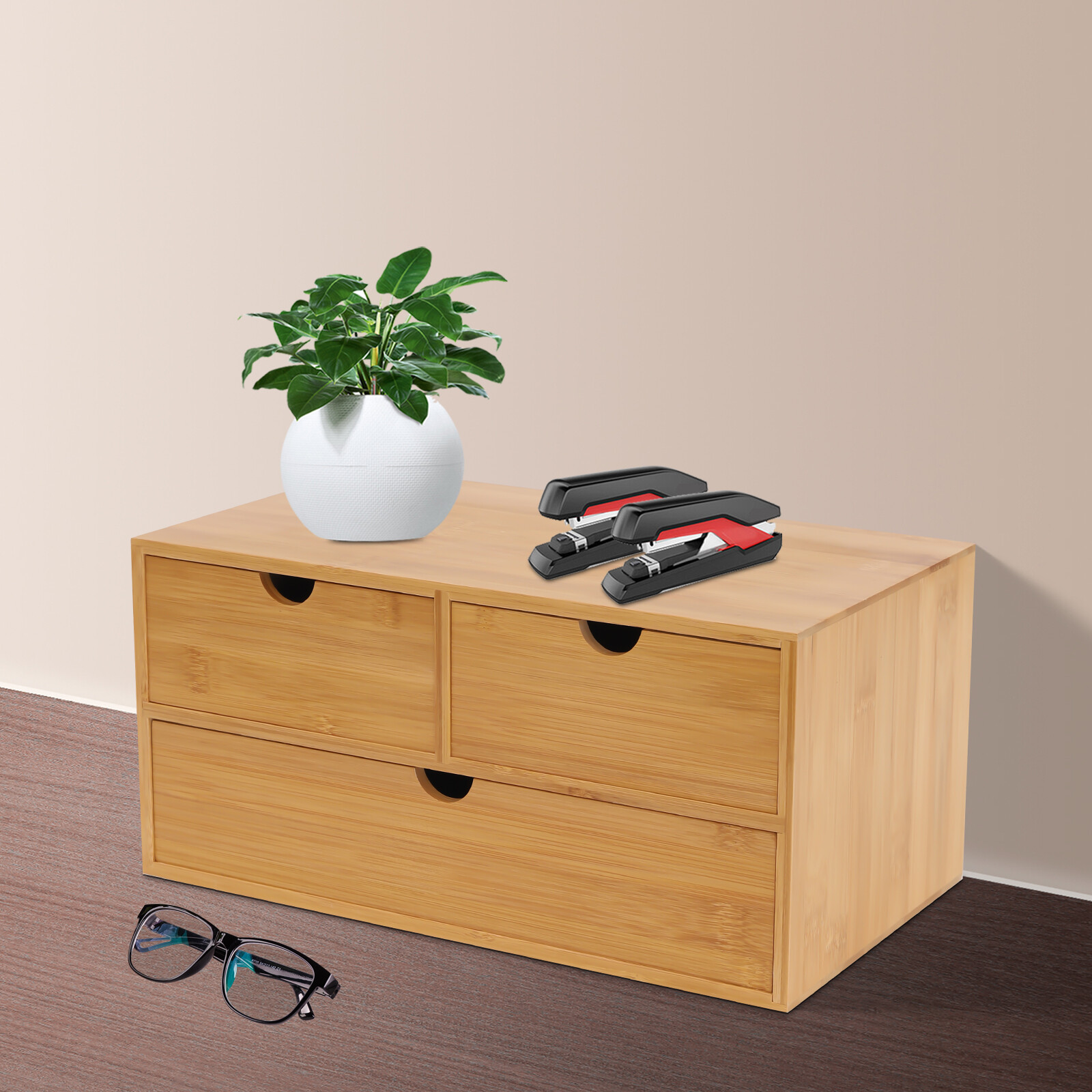 12.99*7.48*6.3&Prime; 100% Original Bamboo Desk Storage Organizer Tabletop W/ 3 Drawer