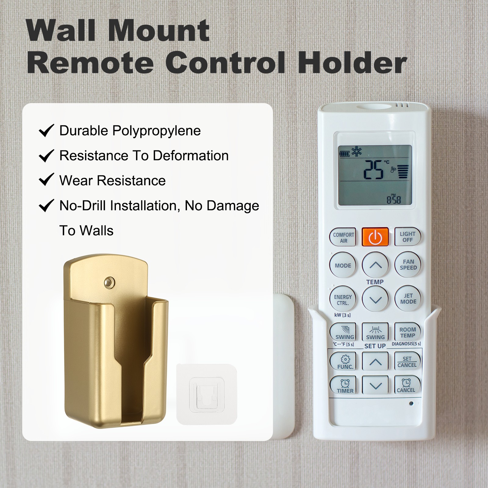 2Pcs 2.1&Prime; Remote Control Holder Wall Mount Adhesive Controller Organizer, Gold