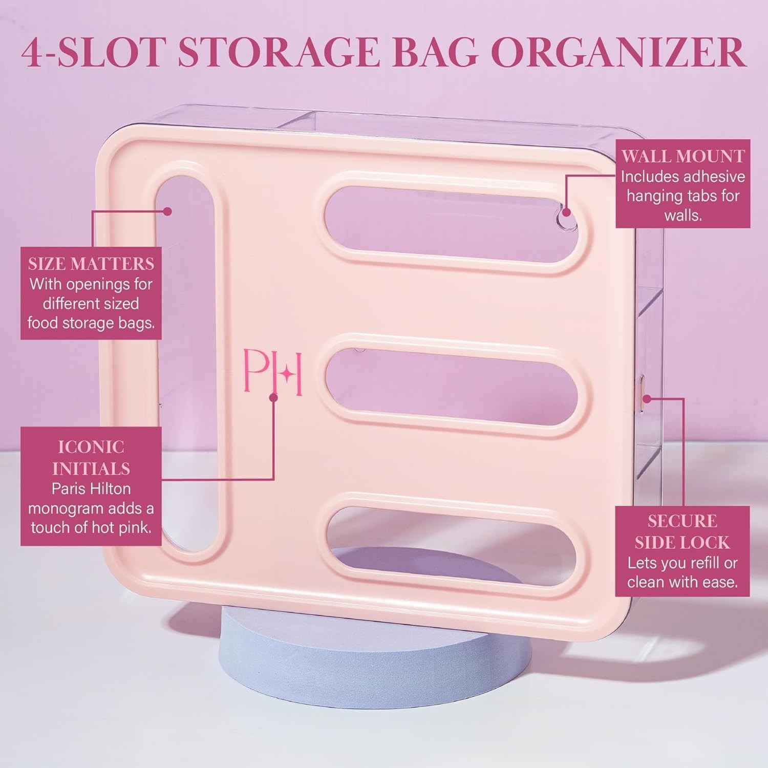 4-Slot Storage Bag Organizer Multipurpose Kitchen Drawer or Wall-Mount, Pink