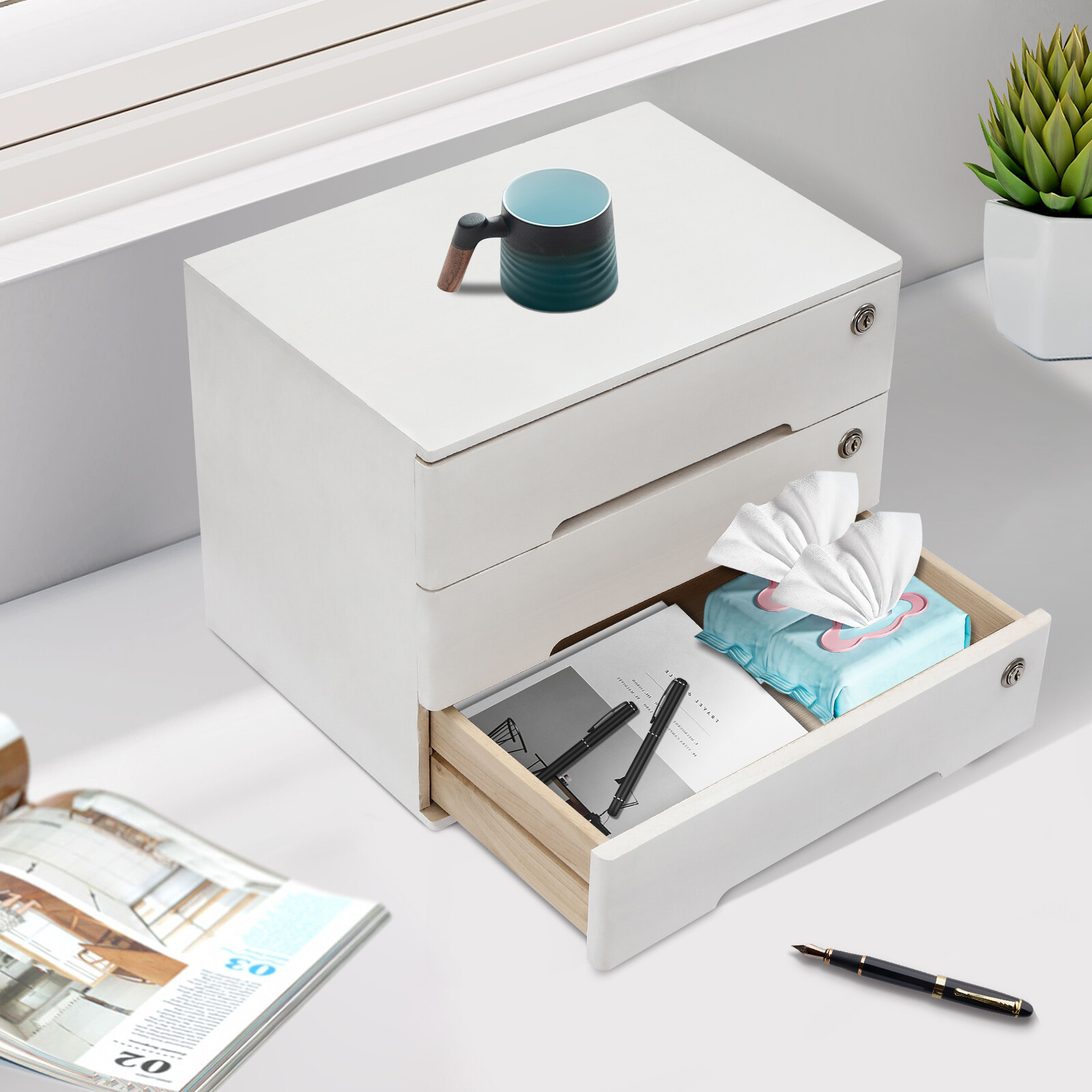 Wooden Desktop Storage Box with Lockable Drawers, Office Supplies File Organizer