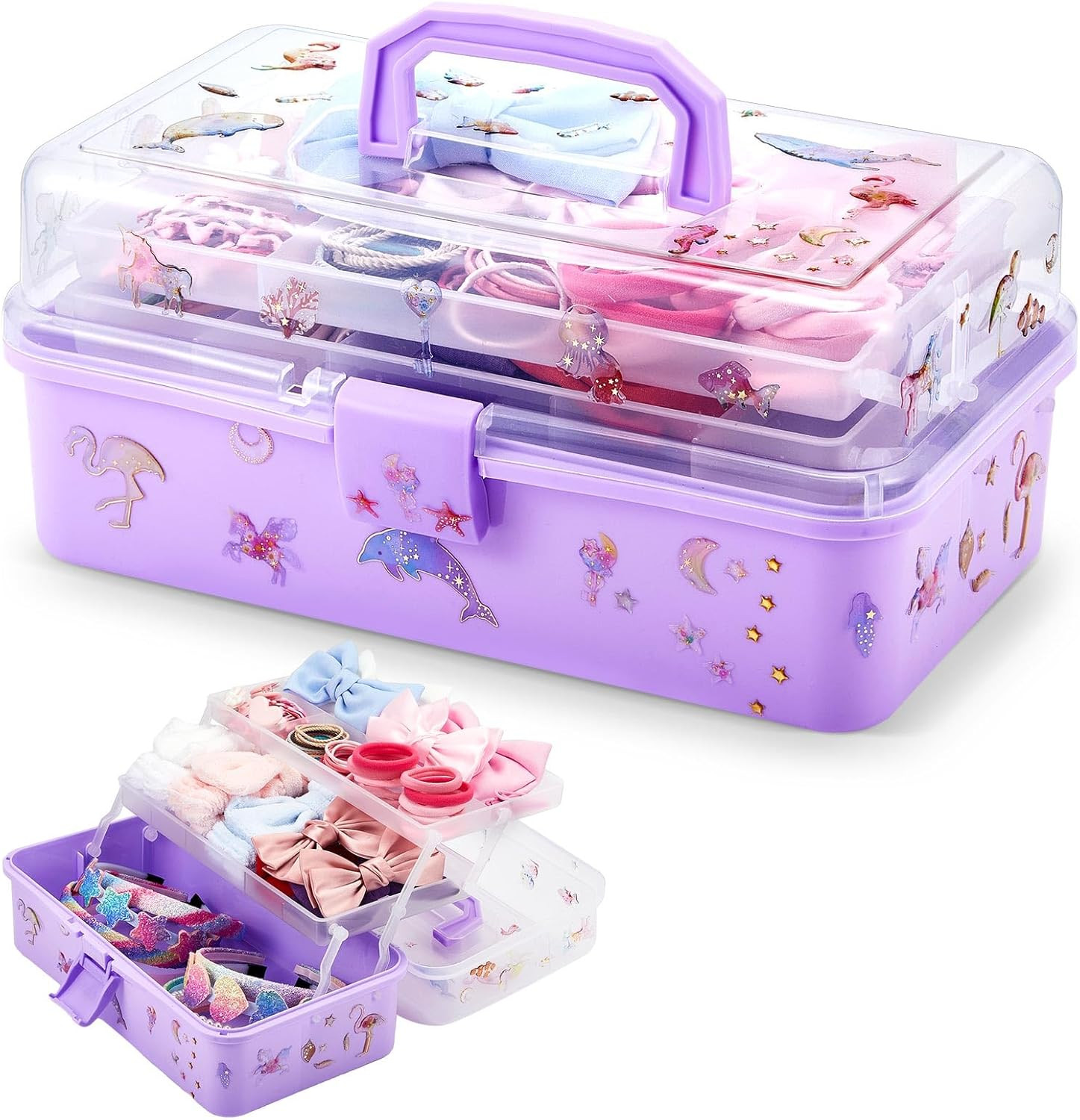 12.8 Inch Hair Box Organizer for Girls Hair Stuff 3 Layer Folding Art Craft Orga