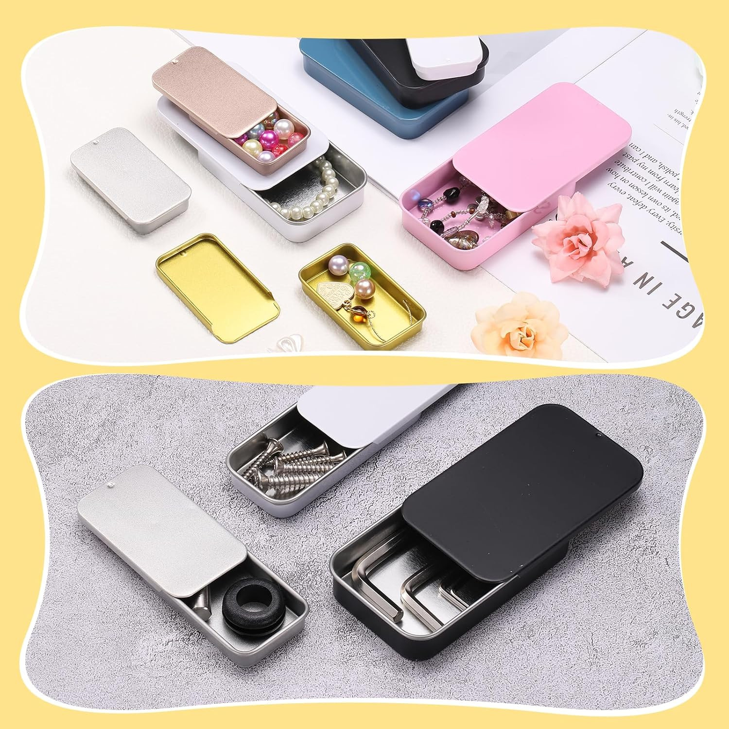 8Pcs Slide Top Tin Containers, Mini Metal Empty Tins Box with Sliding Lids, 2.4&Prime;