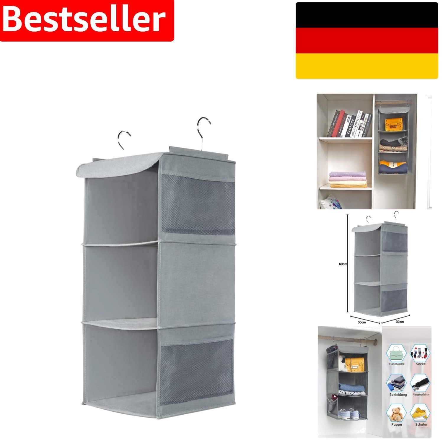 Hanging shelf, grey, 3 compartments, practical wardrobe organizer with…