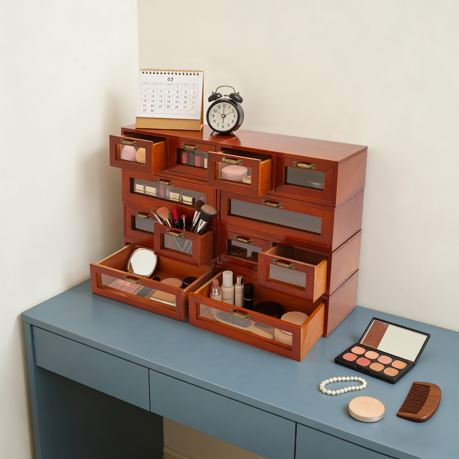 Vintage Wood Stackable Storage Box, Multi-Drawer Desktop Organizer W/ Handles