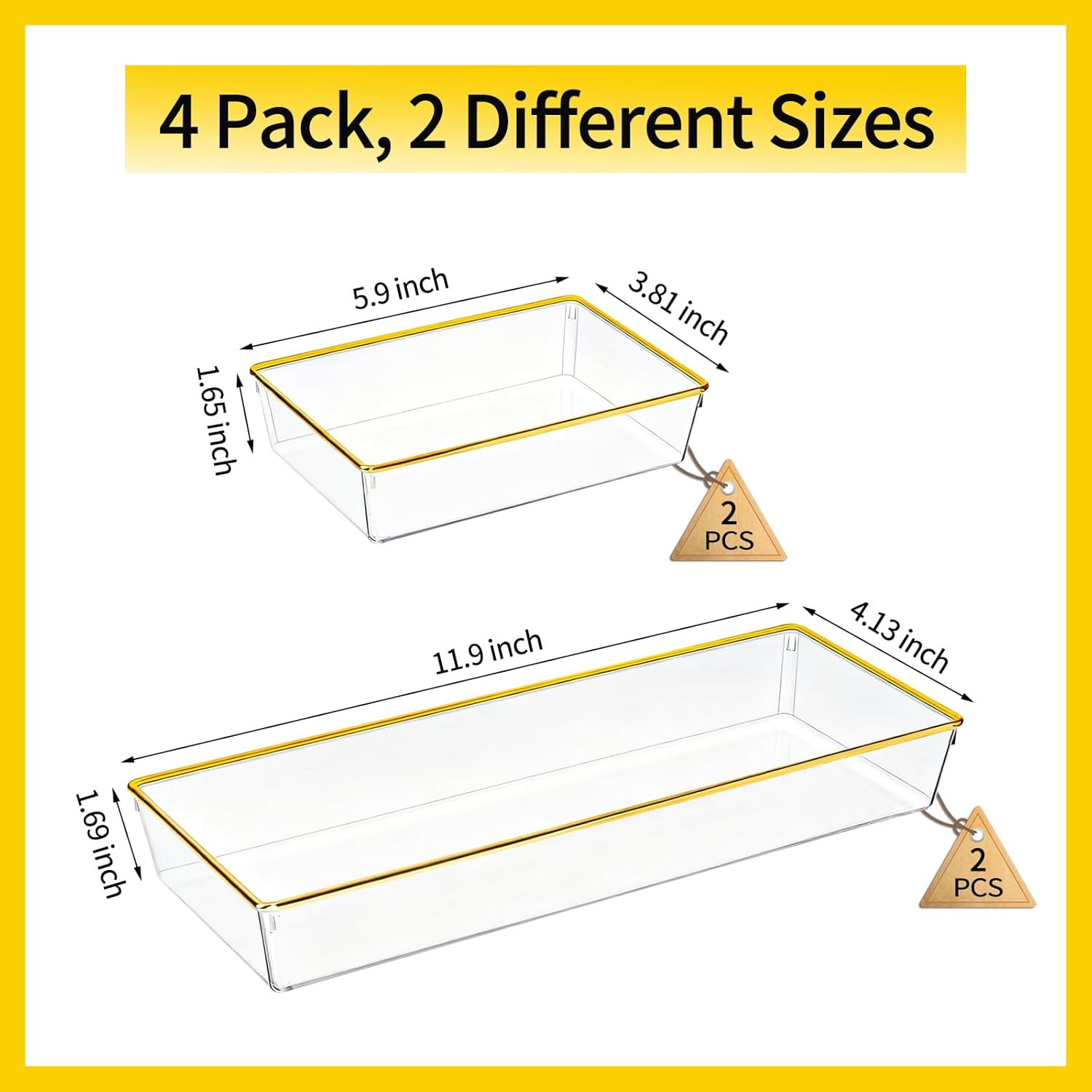 4 Pack Large Size Clear Stackable Drawer Organizer Trays, Gold Rim Makeup Drawer