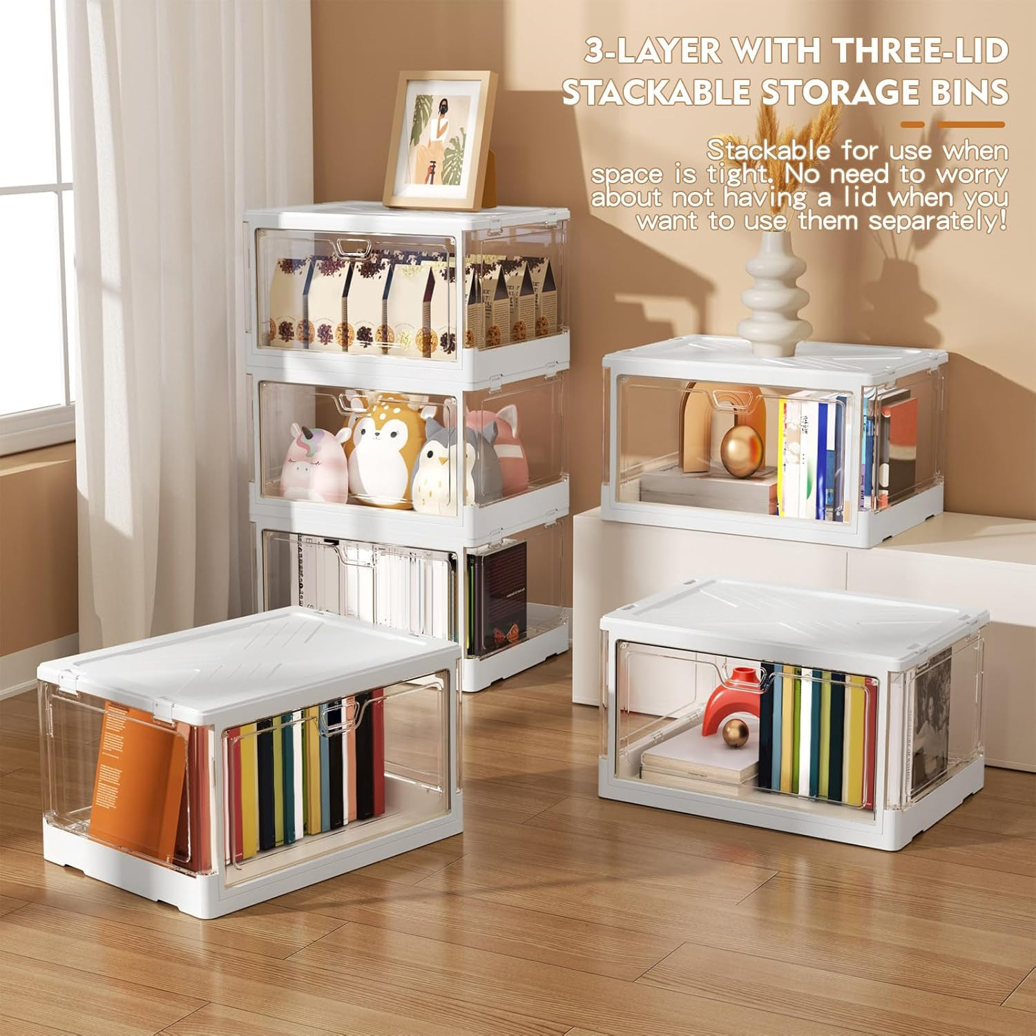 Clear Storage Bin with Lid 3 Pack 【Stackable & Sturdy】 Plastic Multifunctional F