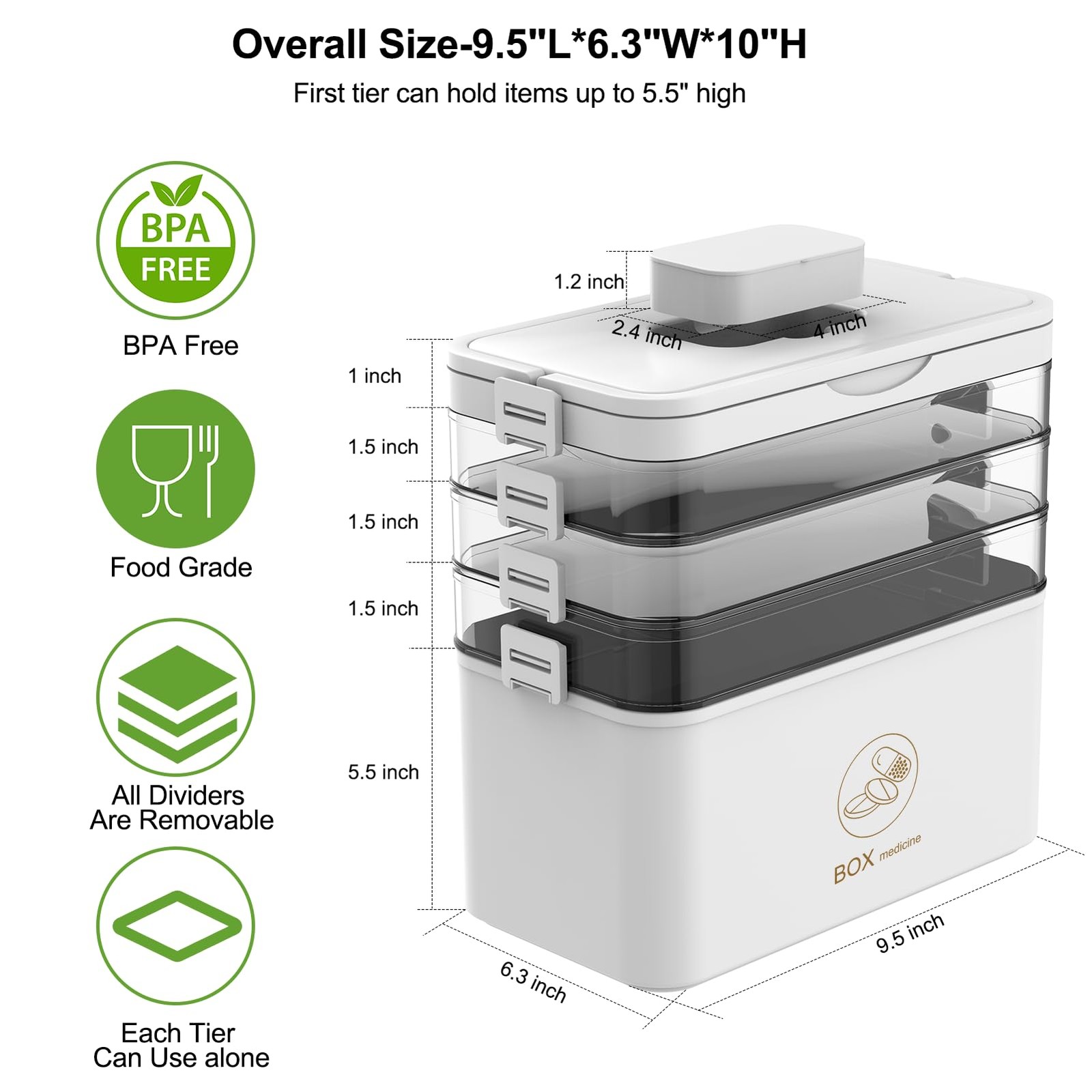 HOZKUY 4 -Tier Medicine Organizer, Portable 11.8&Prime;D x 6.5&Prime;W x 10.8&Prime;H, White