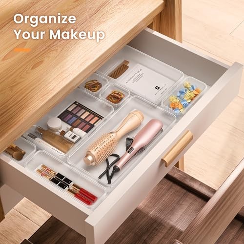 46PCS Clear Drawer Organizer Set – 5 Sizes, Makeup & Bathroom Storage Bins, Offi