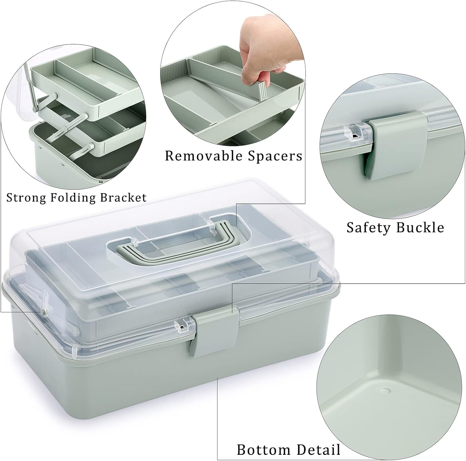 3 Layer Plastic Storage Box in Haze Green Adjustable Compartments for Crafts