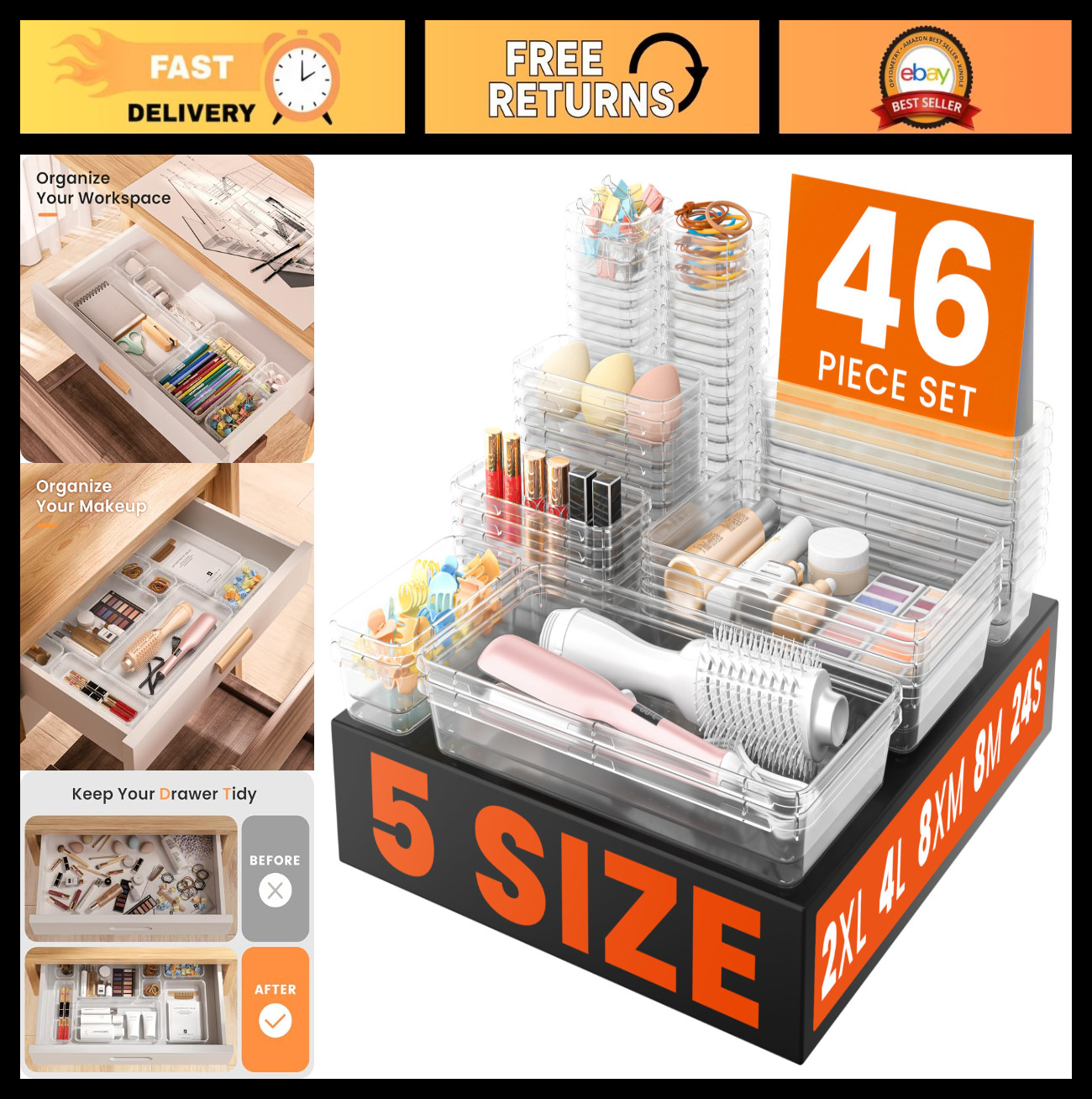 46PCS Clear Drawer Organizer Set – 5 Sizes, Makeup & Bathroom Storage Bins, Offi