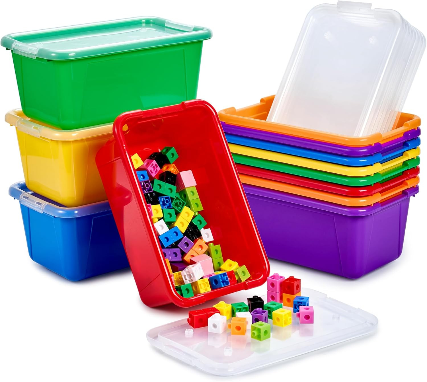 6 Quart Storage Bins with Lids,12 Pack Rainbow Plastic Latching Box for Classroo