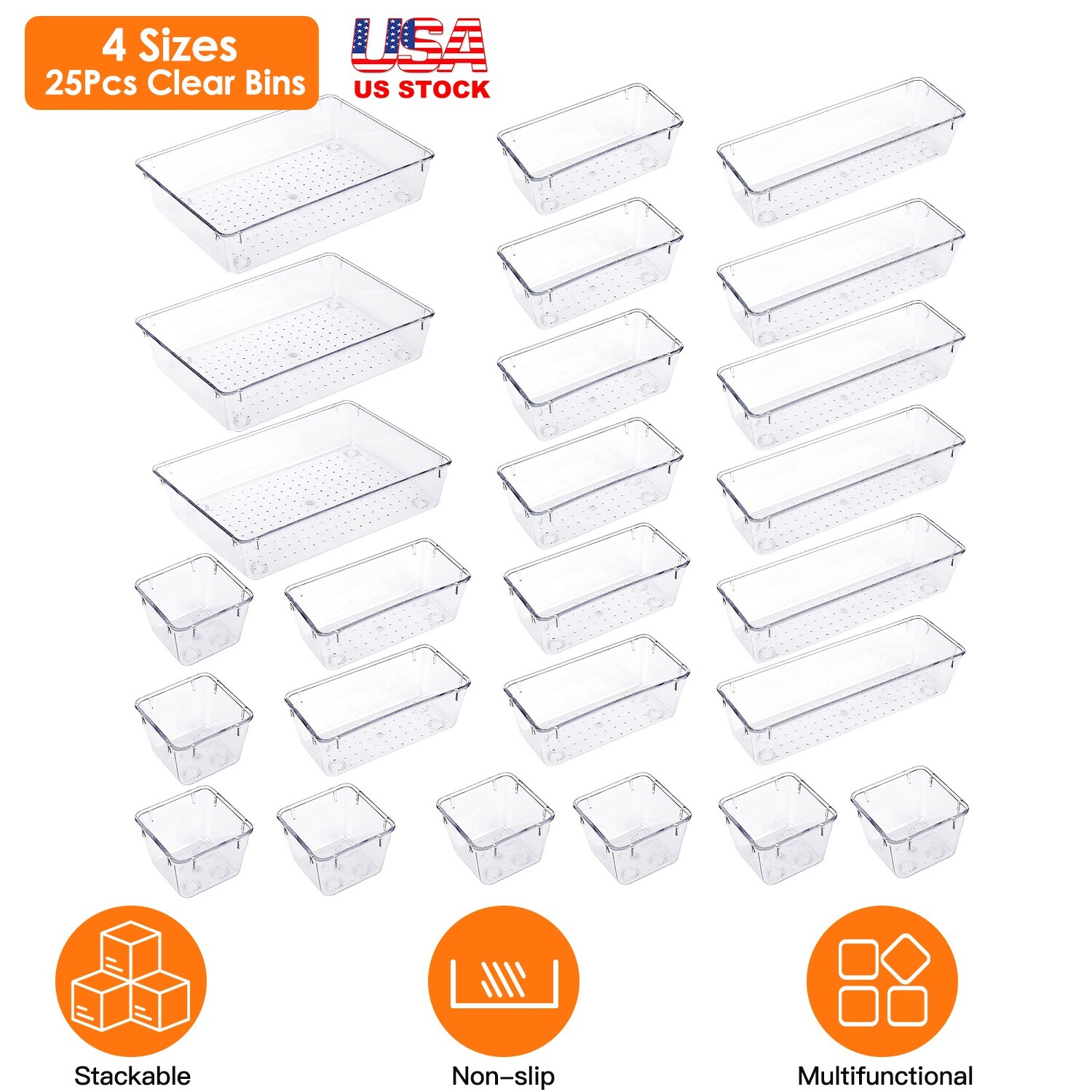 25PCS Clear Plastic Drawer Organizer Set Makeup Jewelry Kitchen Bedroom Office