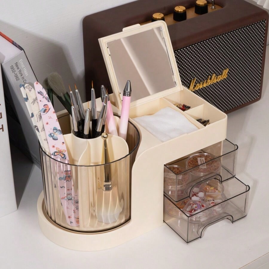 Rotating Nail Art Organizer With Built-In Mirror D Beige 1pcs