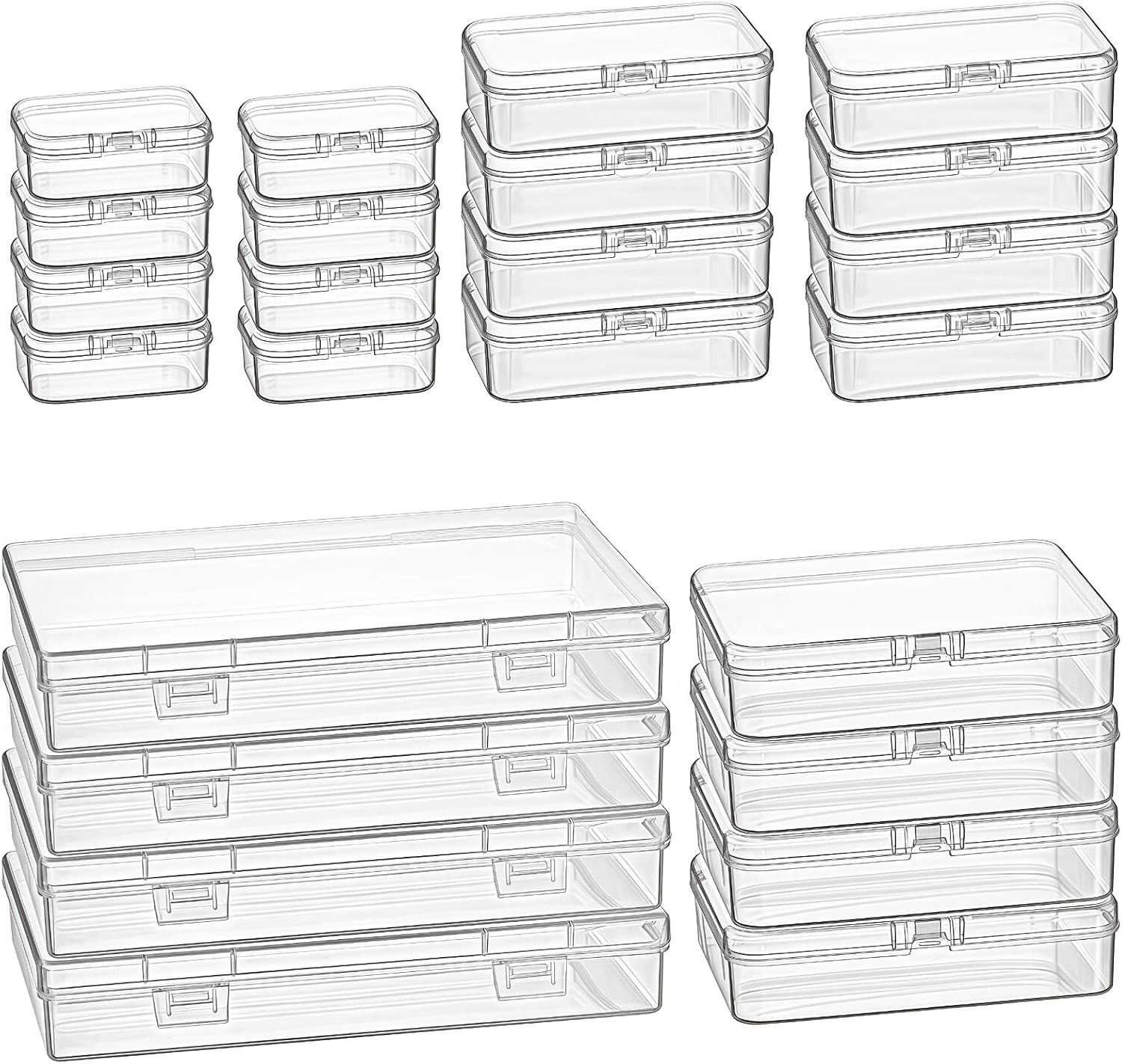 24 Pieces Mixed Sizes Rectangular Empty Mini Clear Plastic Organizer Box | Hinge