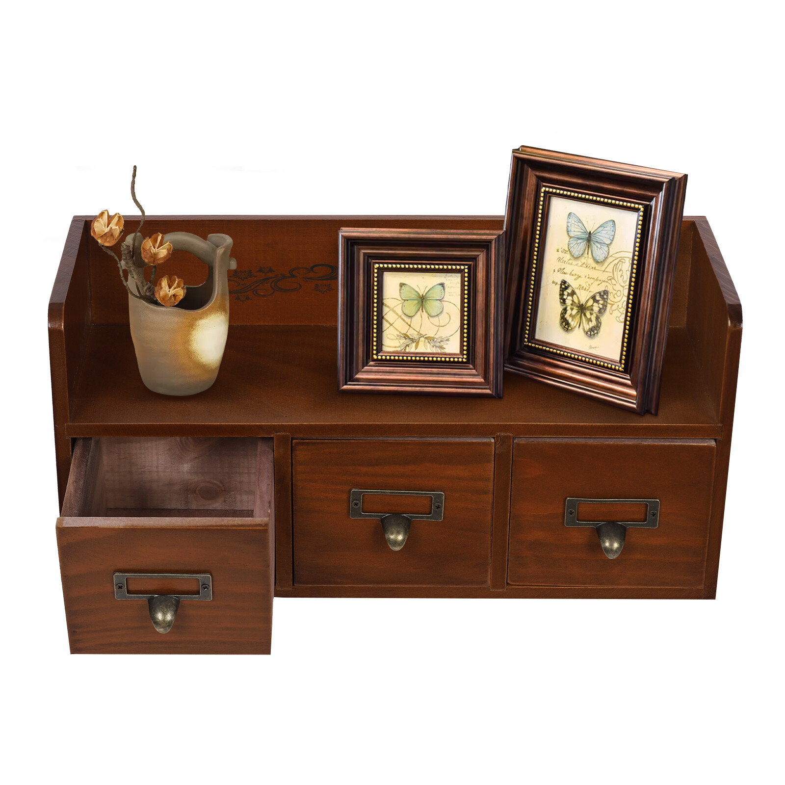 Vintage 3-Drawer Pine Wood Desktop Organizer for Cosmetics and Jewelry