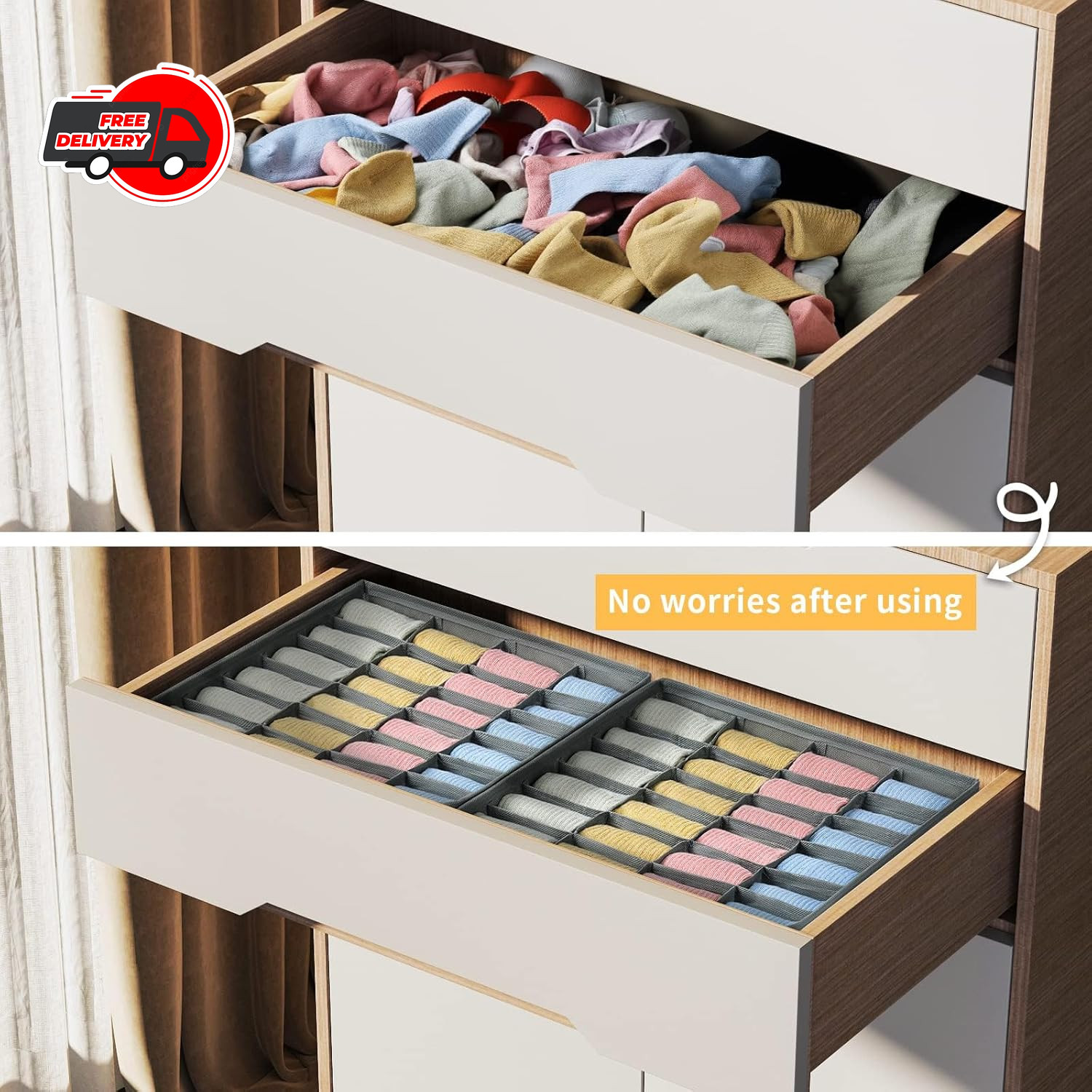 Sock Drawer Organizer Divider 2 Packs Underwear Organizer, 24 Cell Closet Organi