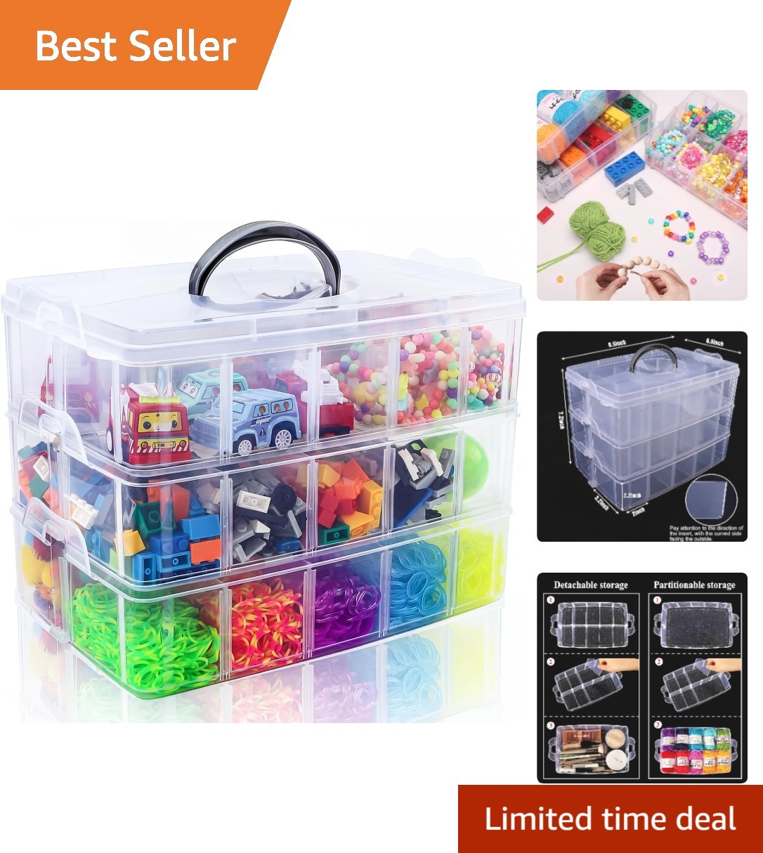 3-Tier Stackable Storage Box with 30 Compartments for Crafts & Jewelry