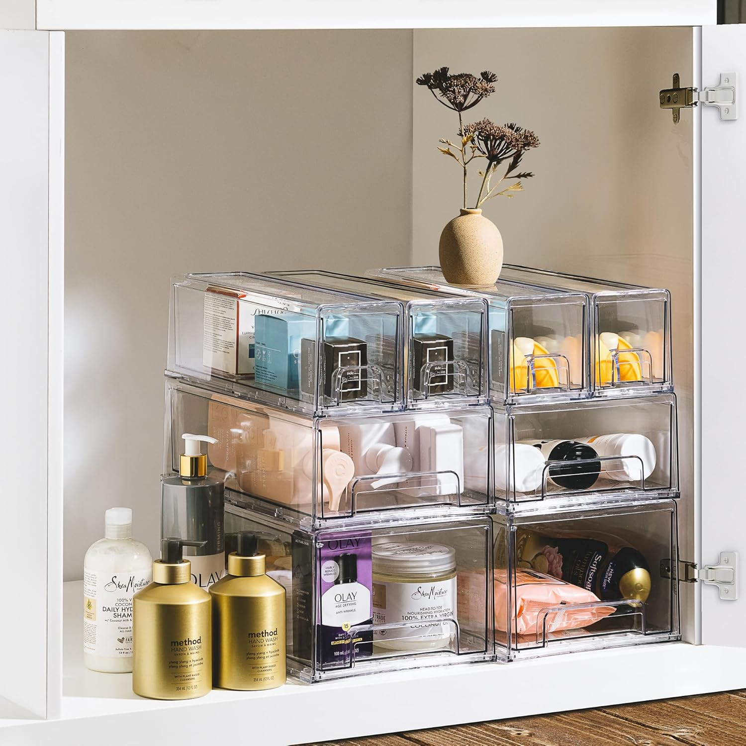 Large Clear Stackable Storage Drawers – 4-Pack Plastic Organizer Bins with Handl