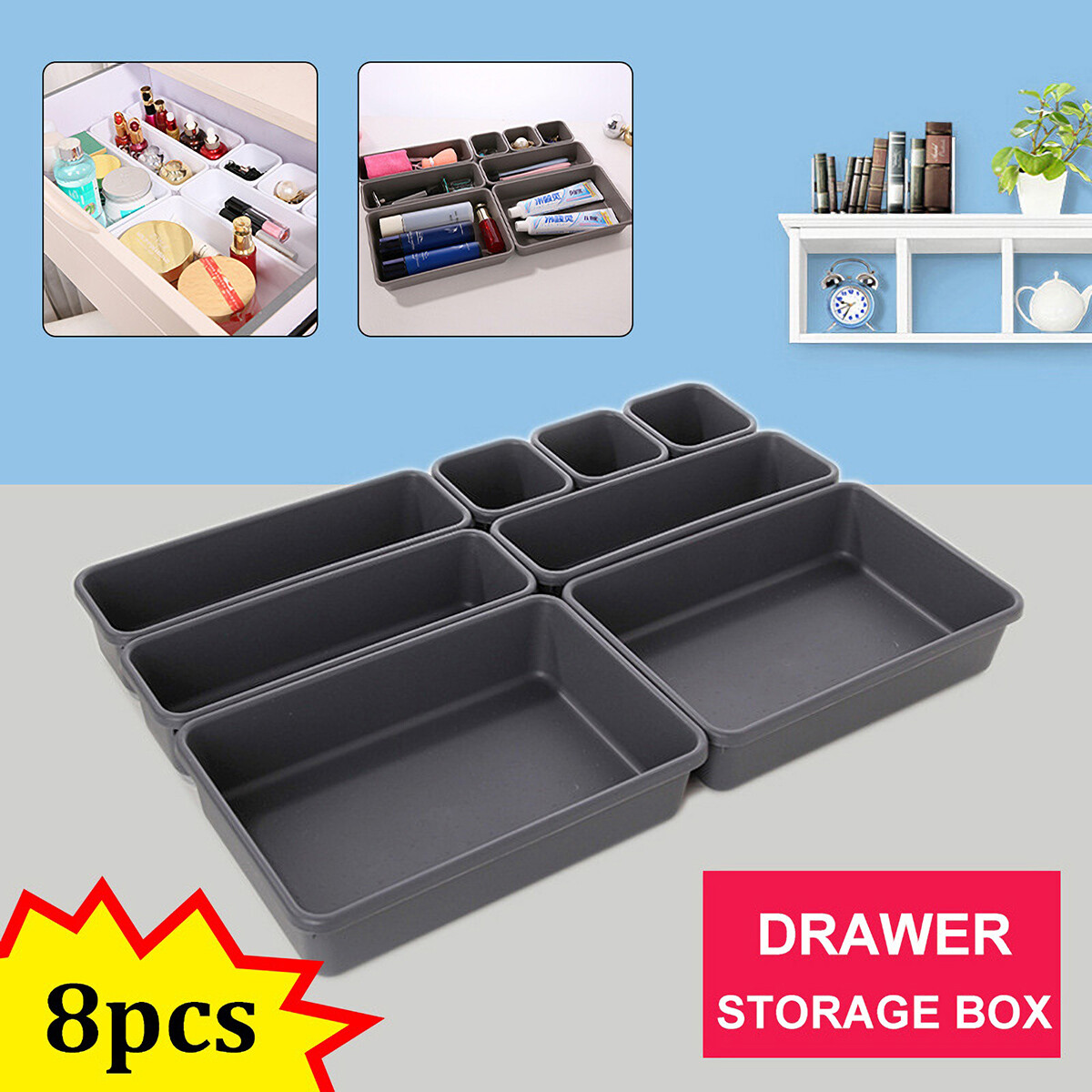 8Pcs Desk Drawer Organizer Tray Bathroom Makeup Cabinet Dividers Storage Bin Box