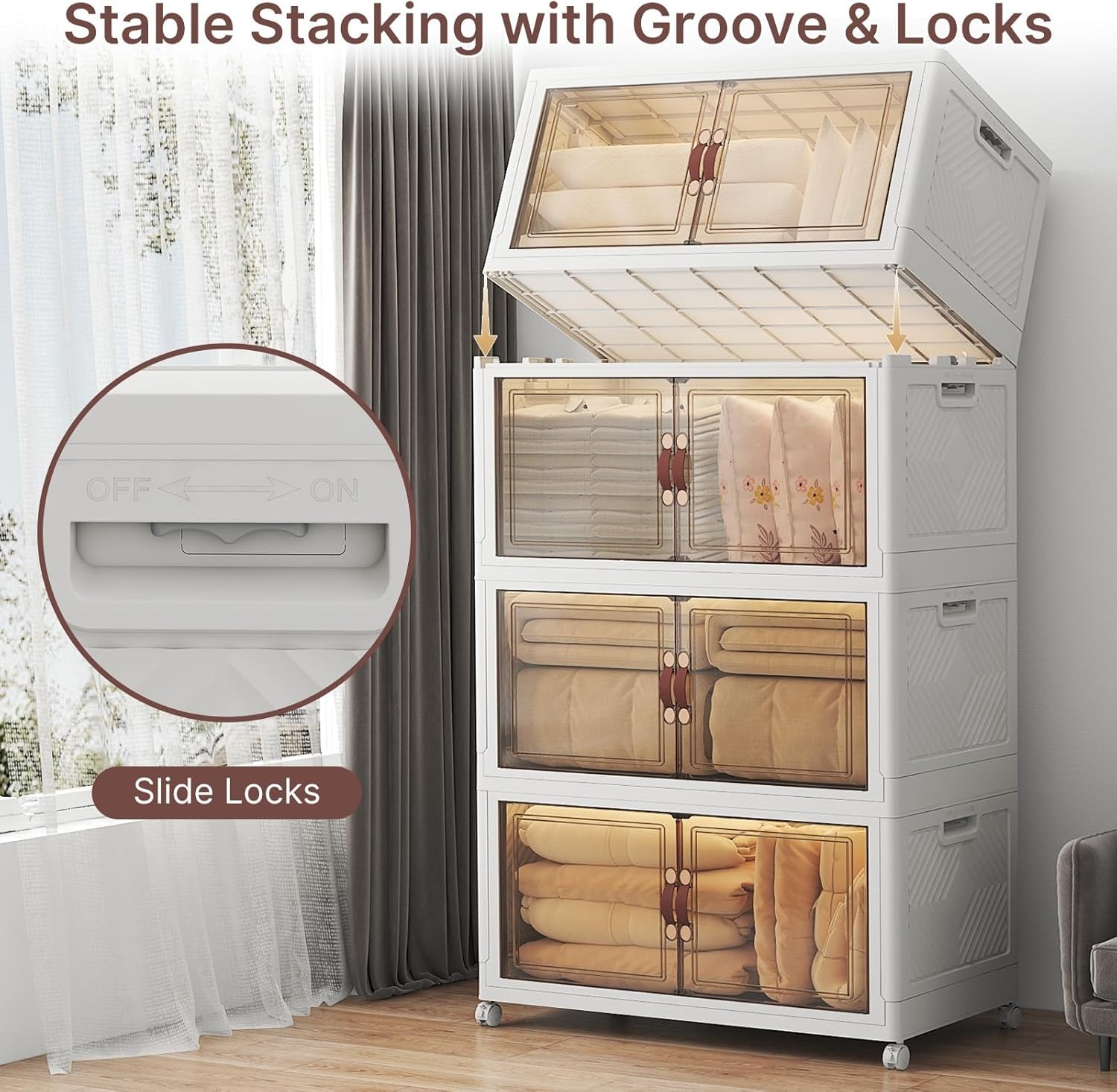 Storage Bins Heavy Duty 720QT Capacity Collapsible Wheeled Lockable Clear Doors