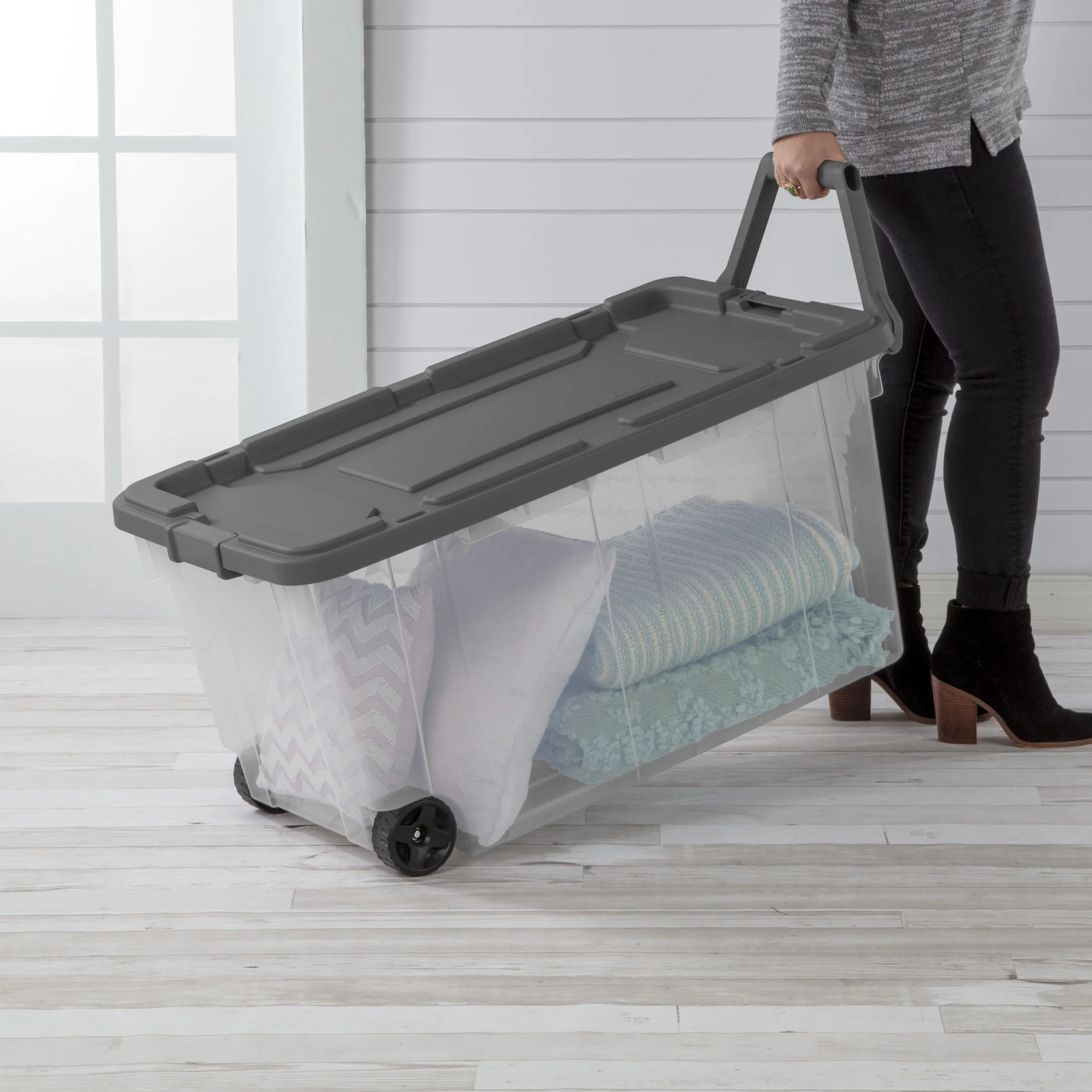 160 Quart Wheeled Storage Box, Extra Large Durable Clear Plastic Bin, Latch Lid,