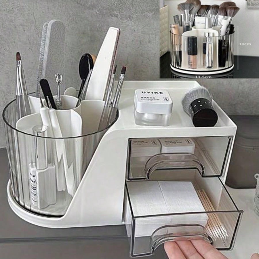 2pcs A White+6 Grid Small Size Rotating Nail Art Organizer With Drawers