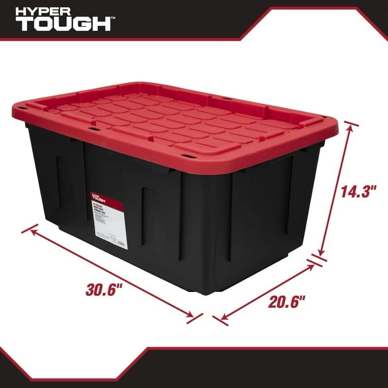 Hyper Tough 27 Gallon Large Storage Bin Snap Lid Black Red Plastic Container