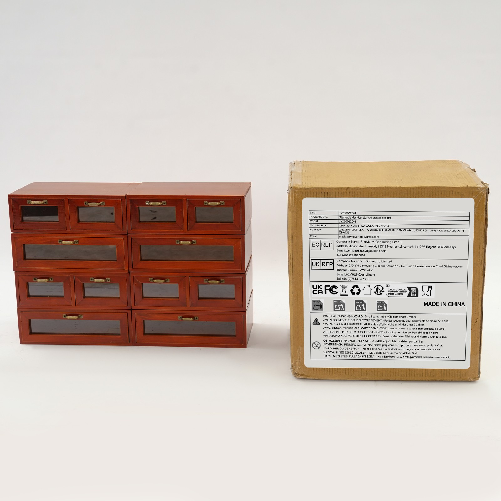 Vintage Wood Stackable Storage Box, Multi-Drawer Desktop Organizer W/ Handles