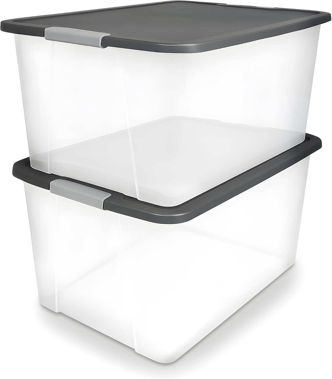 2-Pack Secure Latch, Clear Plastic Storage Organizer Bins, 64 Quart, Gray Lid –