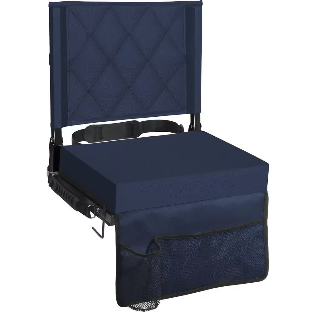 Black Padded Folding Stadium Chair with Back Support and Shoulder Strap, Comfort