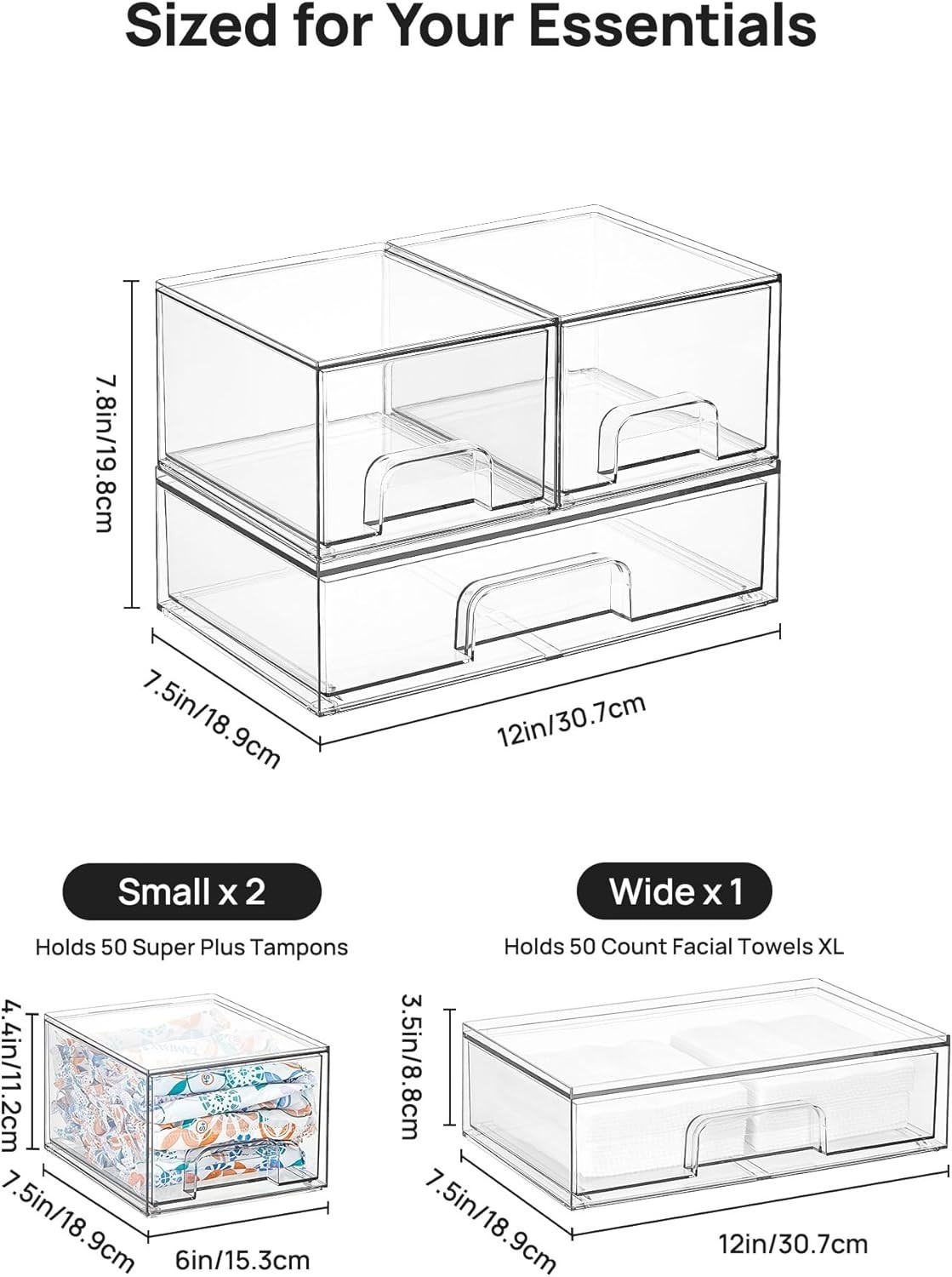 Stackable Storage Drawers 3 Count Clear Plastic Organizers for Beauty Supplies