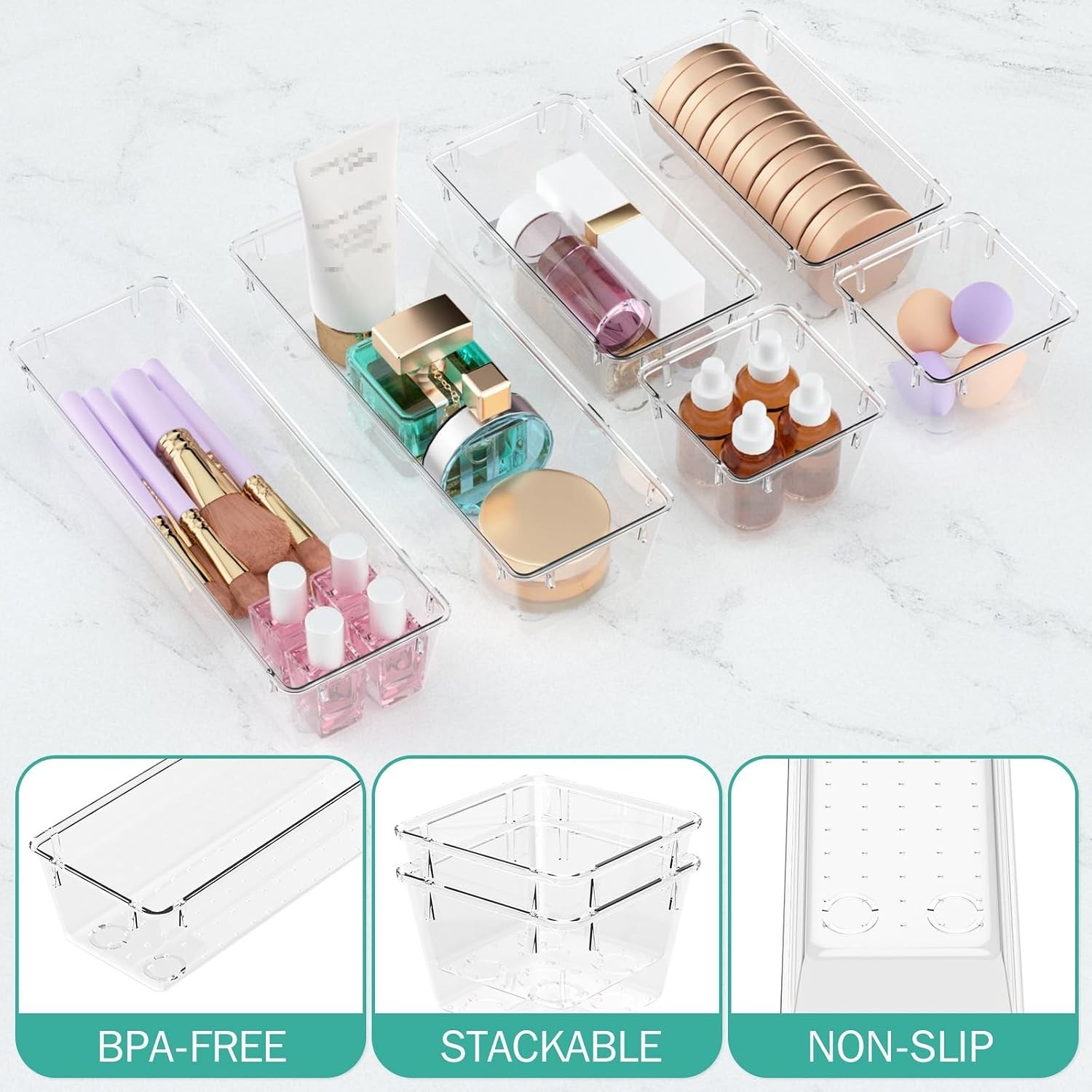 Versatile and Stackable Clear Drawer Storage Trays – Set of 6 for Home or Office