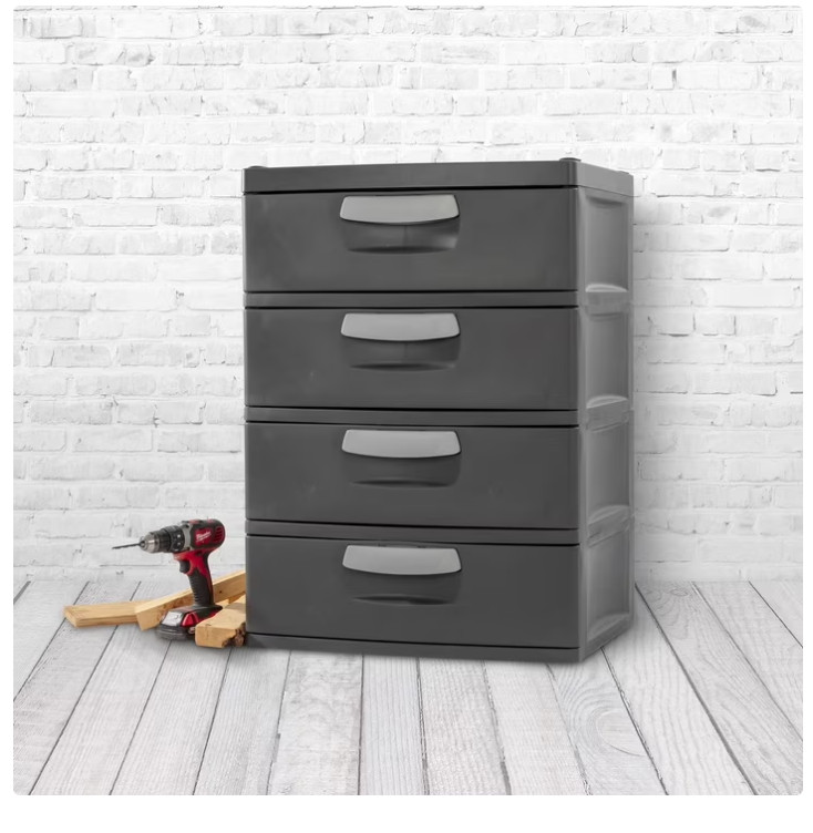 Sterilite 4 Drawer Unit Durable Plastic Storage Chest Garage Basement Dark Gray