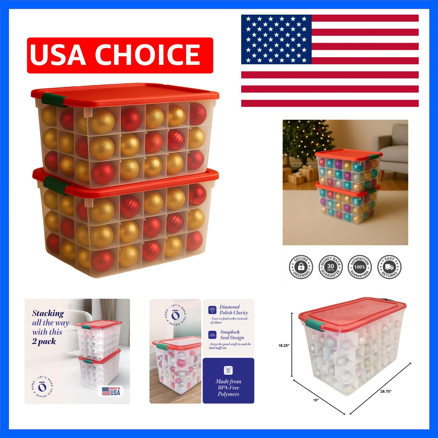 2-Pack Holiday Tote, Clear Plastic Storage Bins w/Lids & Dividers, 112 Quart,…