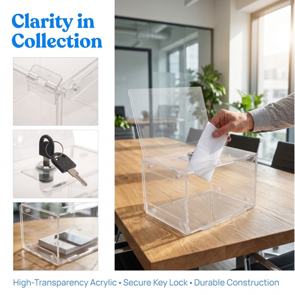 Clear Acrylic Ballot Box with Key – Lockable Money Collection Box with Slot –