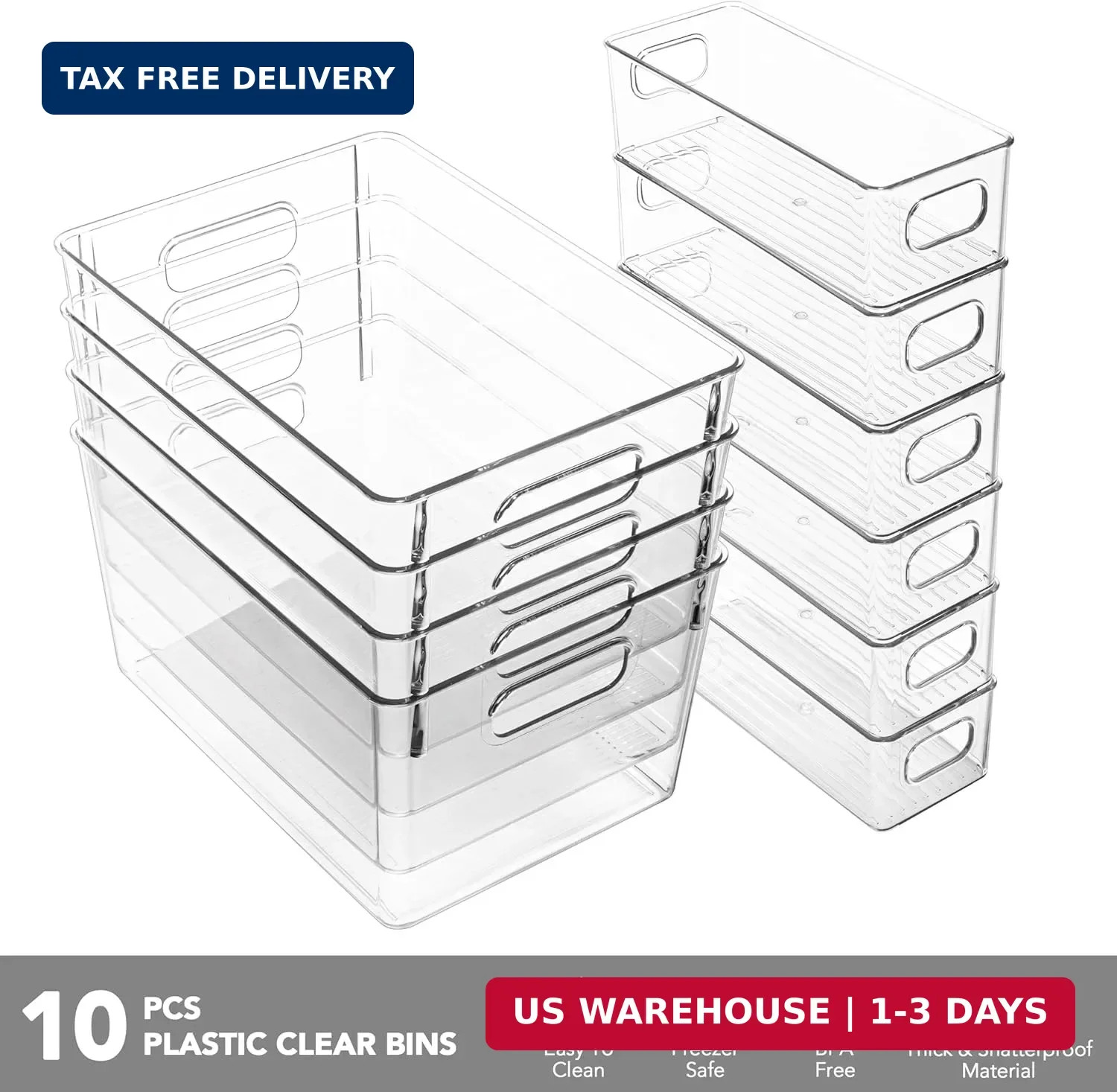 Tiawudi Set of 10 Clear Plastic Storage Bins, 4 Large and 6 Small Stackable Stor