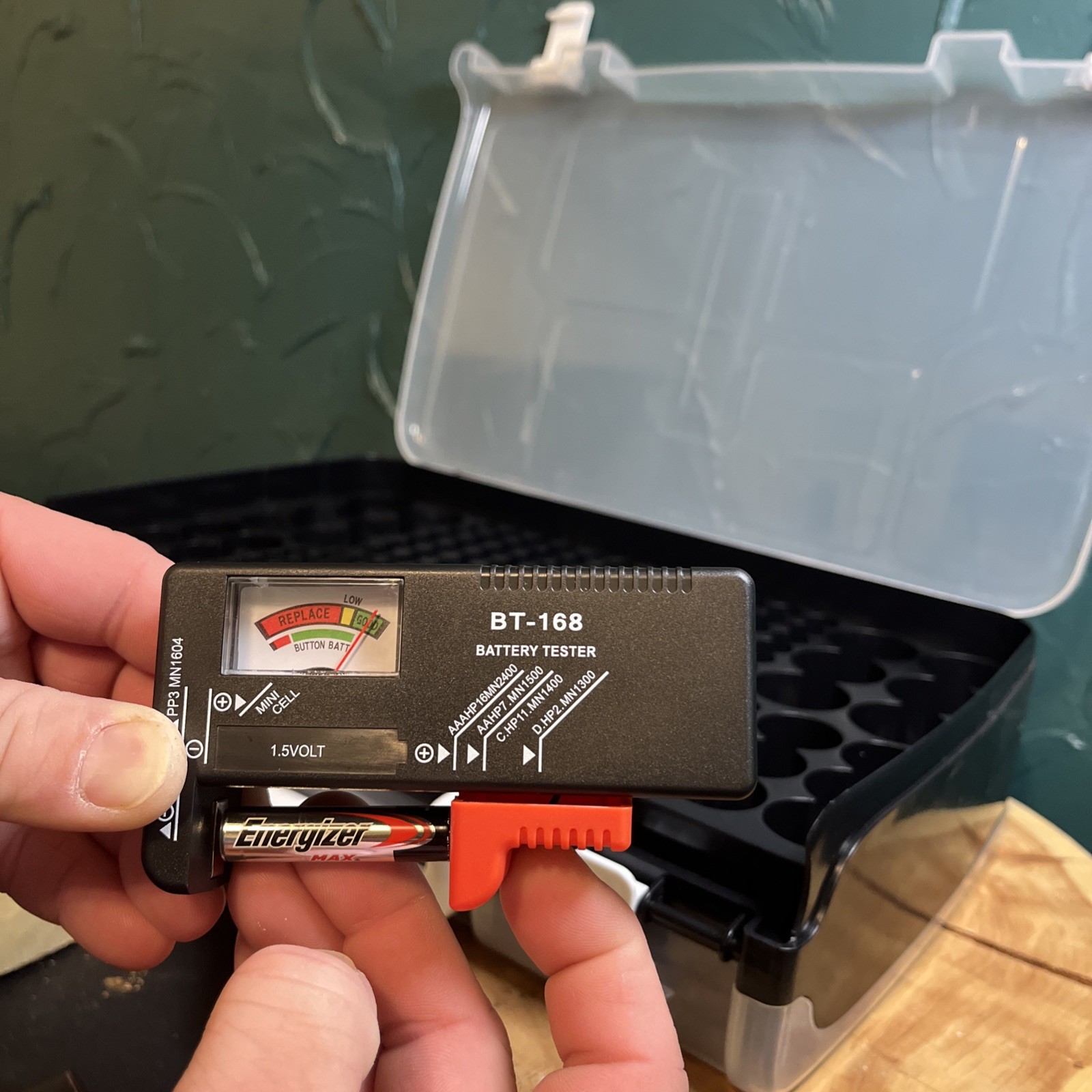 Double Sided Plastic Battery Storage Box With Battery Tester.