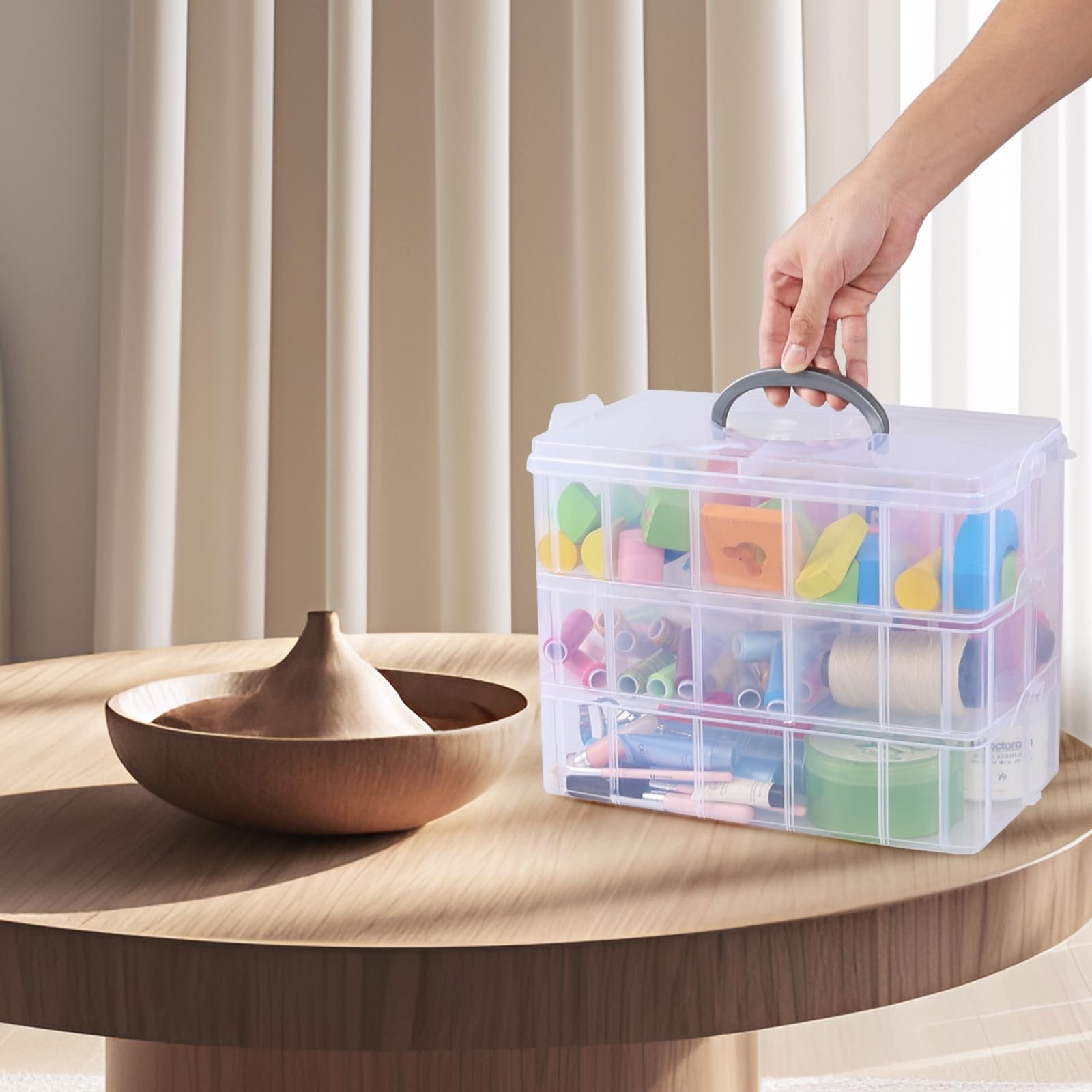 Plastic Stackable Storage Container Box 30 Adjustable Compartments 3 Tiers