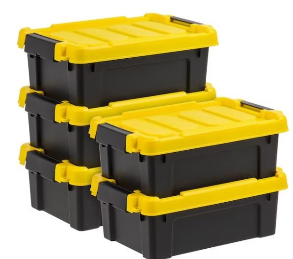 3 Gal. Heavy-Duty Stackable Storage Tote, Black with Yellow Lid (Set of 5)