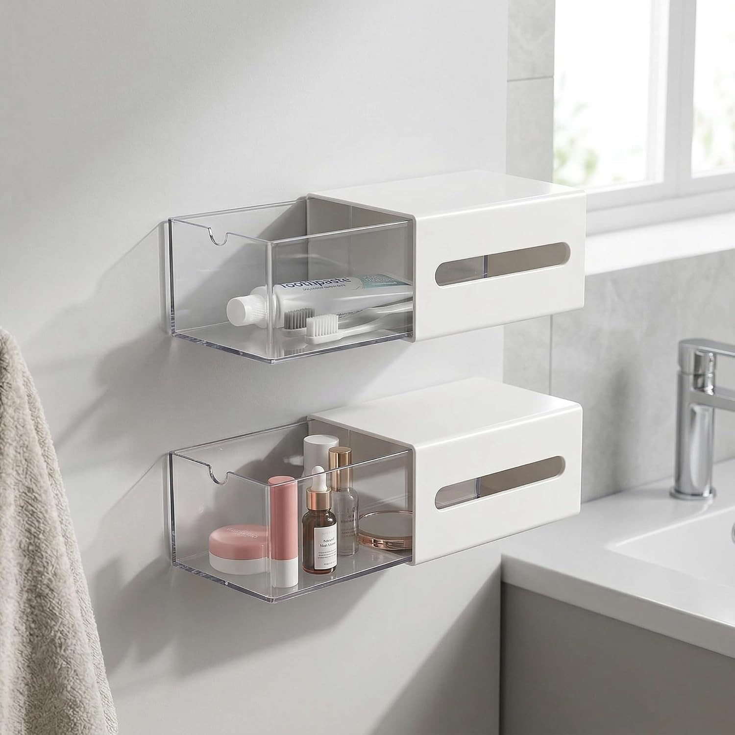 Wall Mount Storage Drawers, 2 Piece Plastic Organizer Box Set, No-Punch Storage