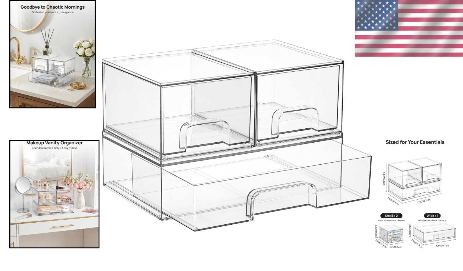 Stackable Storage Drawers 3 Count Clear Plastic Organizers for Beauty Supplies