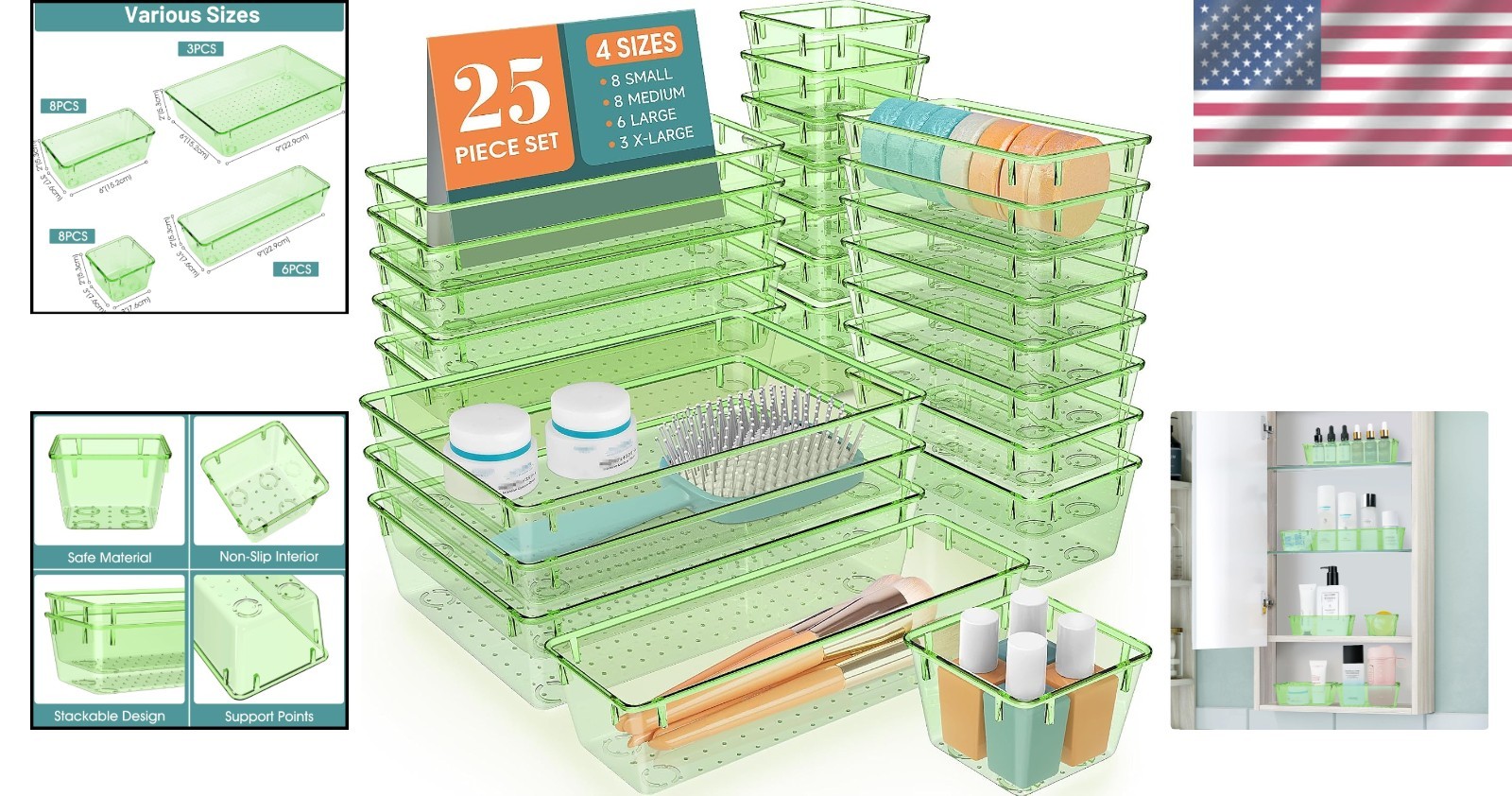 Clear Green Drawer Dividers 25 Piece Plastic Set Ideal for Cosmetics and Gadgets