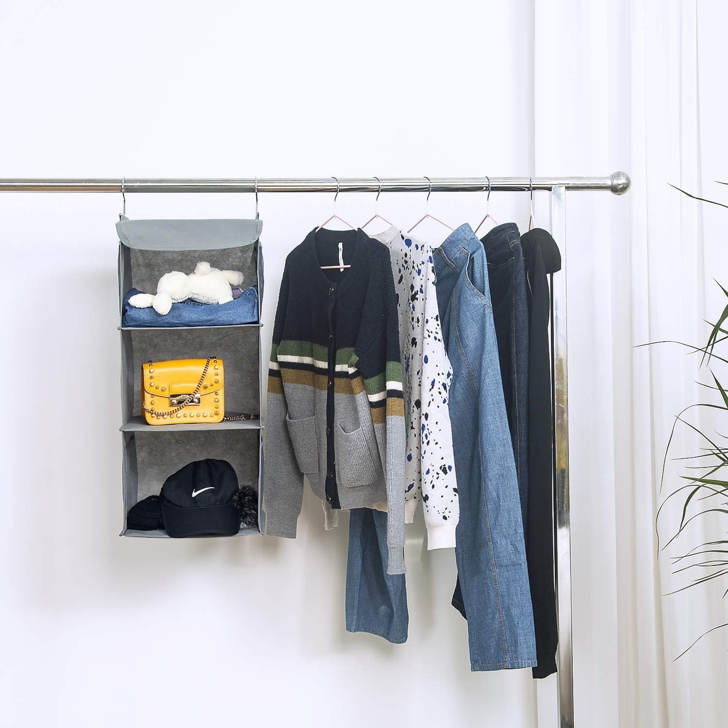 Hanging shelf, grey, 3 compartments, practical wardrobe organizer with…