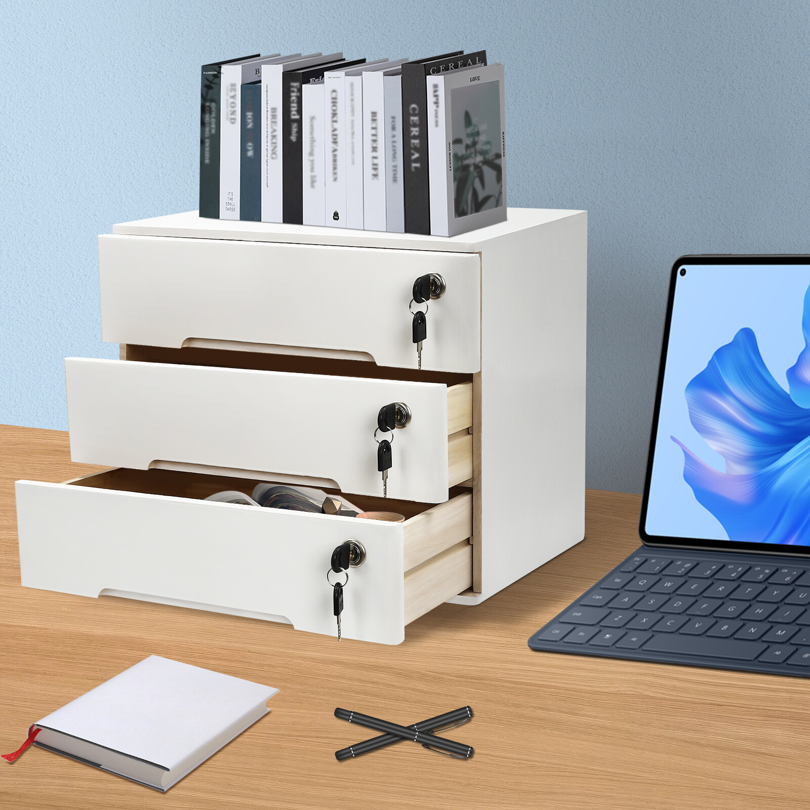 Wooden Desktop Storage Box with Lockable Drawers, Office Supplies File Organizer