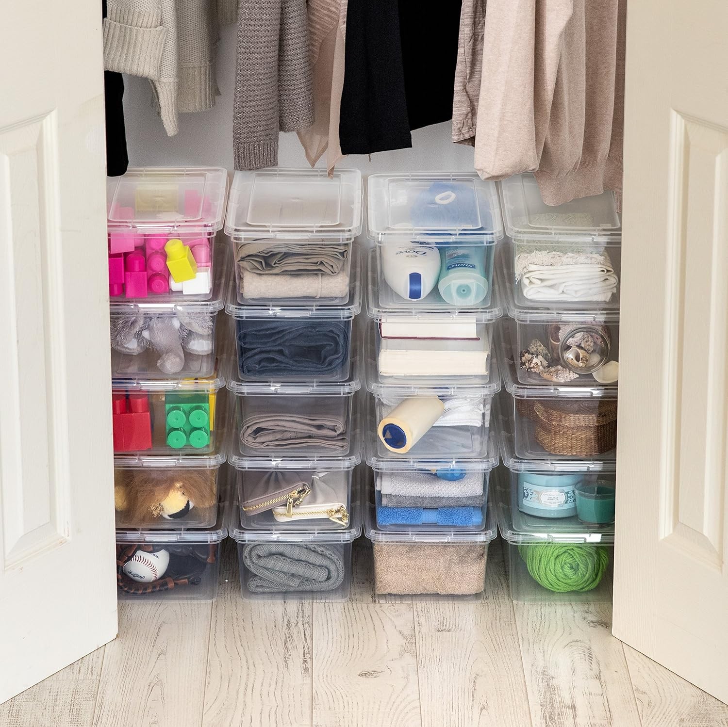 20-Pack Lidded Storage Boxes, 6-Quart, Shoe Box Size, Clear Stackable Containers